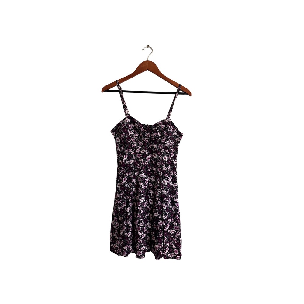 Vintage Joni Blair Purple Floral Mini Dress Sweetheart Neck Rayon Size 9/10